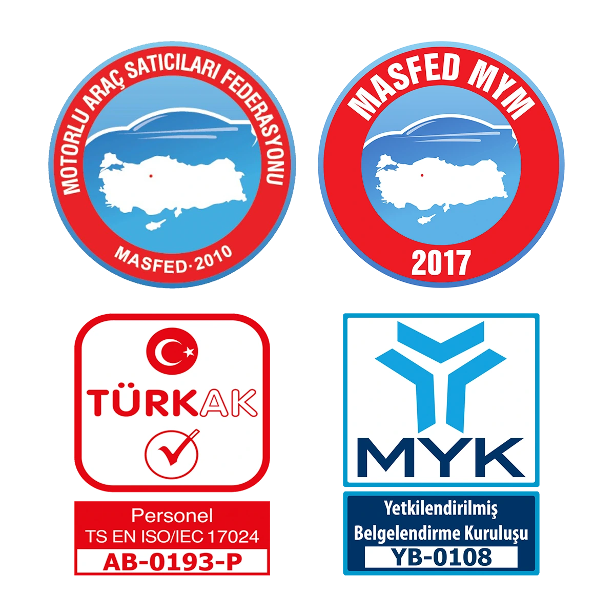 MASFED MYM, Motorlu Araç Satıcıları Federasyonu, TÜRKAK (Personel TS EN ISO/IEC 17024 · AB-0193-P) ve MYK (Yetkilendirilmiş Belgelendirme Kuruluşu · YB-0108) logoları