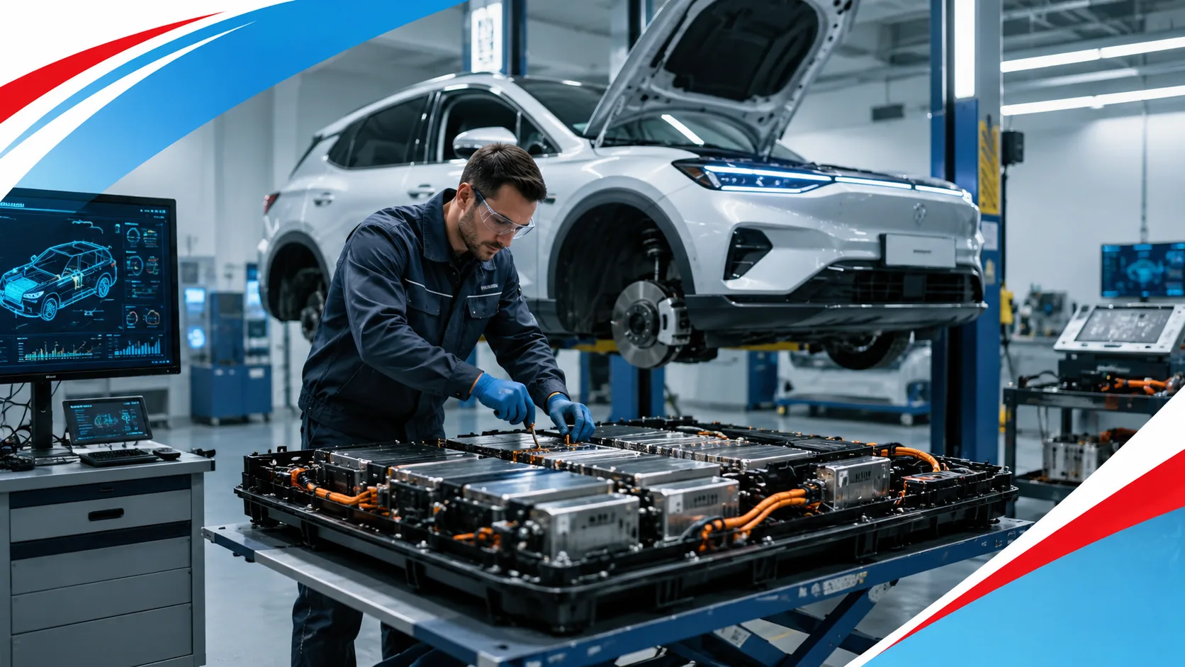 Uzman teknisyen elektrikli araç yüksek gerilim sistemini onarıyor