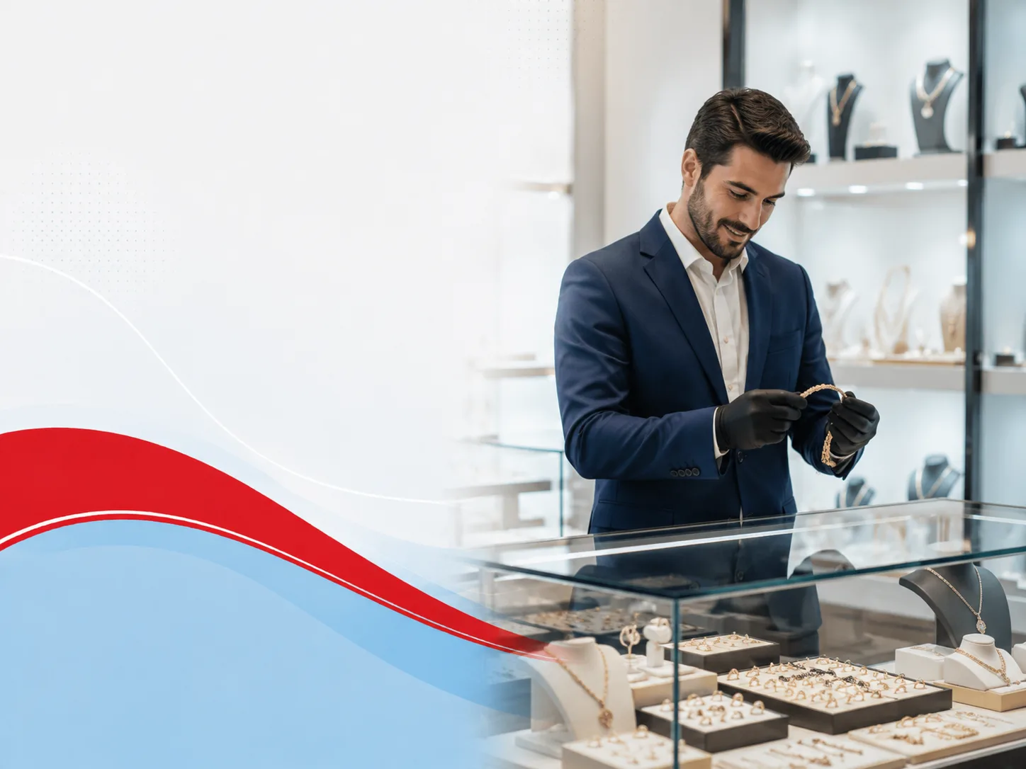 Kuyumcu vitrinde altın takıları müşteriye tanıtıyor