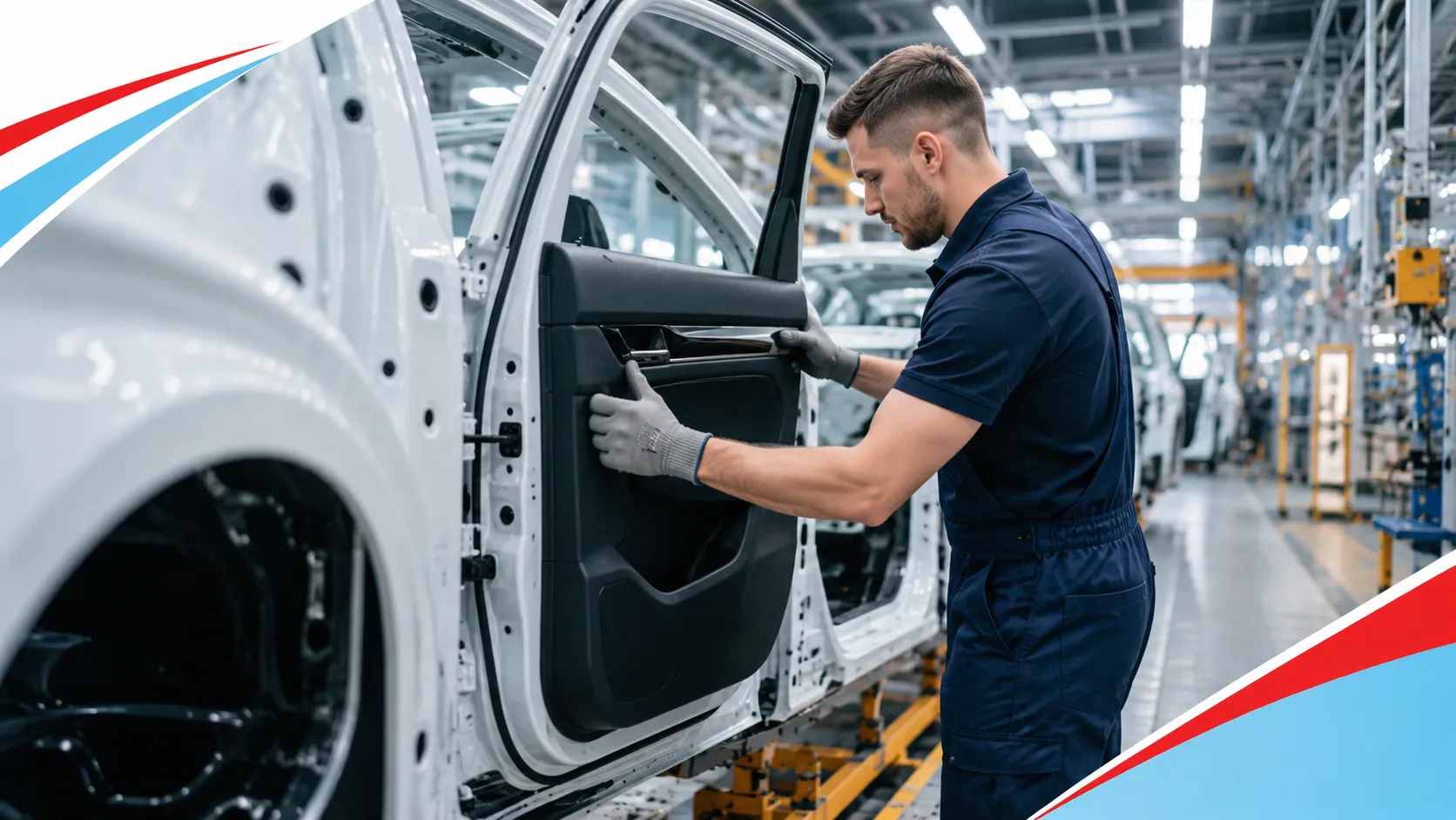 Otomotiv montajcısı üretim hattında kapı paneli montajı yapıyor